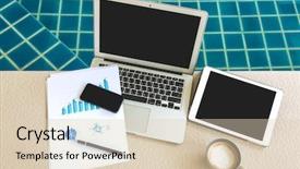  Presentation with cup coffee - Slides enhanced with corporate spa - laptop tablet smartphone and coffee background and a  colored foreground