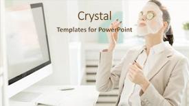  Presentation with monitor computer - Beautiful slide set featuring corporate spa - young female employee in suit backdrop and a sky blue colored foreground