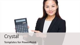 Presentation with accountant - Audience pleasing PPT theme consisting of corporate taxes - woman accountant with finger point backdrop and a  colored foreground