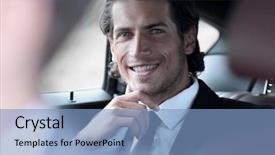  Presentation with solar car sunshade - Slide set having corporate travel sales - businessman sitting in his car background and a light blue colored foreground