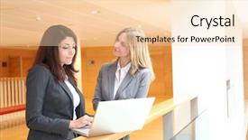  Presentation with meeting - Amazing PPT theme having corporate travel sales - businesswomen meeting in hall backdrop and a lemonade colored foreground