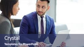  Presentation with online travel - Colorful slide deck enhanced with corporate travel sales - young businessman with laptop looking backdrop and a ocean colored foreground