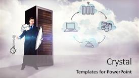  Presentation with warrior - Presentation theme consisting of corporate warrior against composite image of cloud computing doodle background and a light gray colored foreground