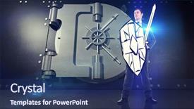  Presentation with warrior - Beautiful presentation theme featuring corporate warrior against digitally generated metallic safe backdrop and a ocean colored foreground