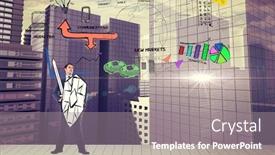  Presentation with warrior - Beautiful presentation design featuring corporate warrior against drawn graphic on cityscape background backdrop and a gray colored foreground