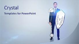  Presentation with warrior - Slide set having corporate warrior against grey vignette background and a sky blue colored foreground