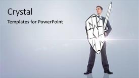  Presentation with warrior - Amazing slide deck having corporate warrior against grey vignette backdrop and a sky blue colored foreground