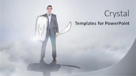  Presentation with warrior - Slide deck with corporate warrior against grey vignette background and a light gray colored foreground