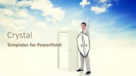  Presentation with warrior - Slide set with corporate warrior against opening door in sky background and a cream colored foreground
