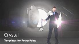  Presentation with warrior - Amazing presentation design having corporate warrior against shiny open safe in black wall backdrop and a gray colored foreground