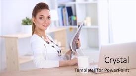  Presentation with office newspaper - Colorful presentation theme enhanced with corporate wellness - cute businesswoman holding newspaper sitting backdrop and a  colored foreground