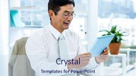  Presentation with tablet of stones - Presentation design with corporate wellness - smiling asian businessman using tablet background and a  colored foreground