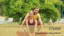  Presentation with asian exercise trainer - Slide set featuring corrective action - beautiful young woman with trainer background and a yellow colored foreground