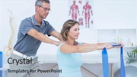  Presentation with exercise doctor - Beautiful slide deck featuring corrective exercise - doctor examining his patient back backdrop and a light blue colored foreground