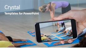  Presentation with helping hand - PPT theme having corrective exercise - hand holding mobile phone background and a  colored foreground