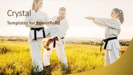  Presentation with fighters - Theme featuring corrective exercise - master teaches karate fighters background and a  colored foreground