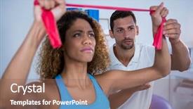  Presentation with anatomical position - Slide deck featuring corrective exercise - physiotherapist correcting position of female background and a  colored foreground