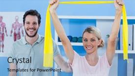  Presentation with portrait of excited overjoyed female - Presentation design featuring corrective exercise - portrait of physiotherapist correcting position background and a light blue colored foreground
