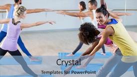  Presentation with helping - Slides featuring corrective exercise - yoga instructor helping student background and a light blue colored foreground