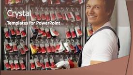  Presentation with car wheels stand - Presentation design enhanced with corrective maintenance - cheerful serviceman near stand background and a violet colored foreground