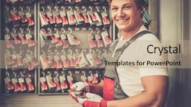  Presentation with stand - Colorful slides enhanced with corrective maintenance - cheerful serviceman near stand backdrop and a  colored foreground