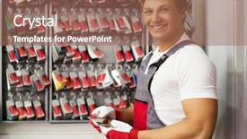  Presentation with car wheels stand - Cool new presentation theme with corrective maintenance - cheerful serviceman near stand backdrop and a coral colored foreground