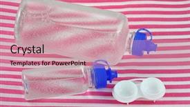  Presentation with contact lens - Beautiful PPT layouts featuring corrective maintenance - contact lens case and bottles backdrop and a coral colored foreground