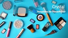 Presentation with makeup products - Colorful presentation design enhanced with corrector - makeup products and brushes backdrop and a teal colored foreground