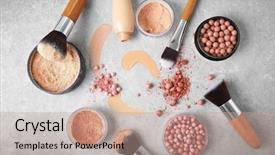  Presentation with makeup products - Audience pleasing PPT layouts consisting of corrector - makeup products and brushes backdrop and a coral colored foreground