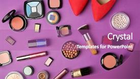  Presentation with makeup products - Cool new PPT theme with corrector - makeup products brushes and female backdrop and a coral colored foreground