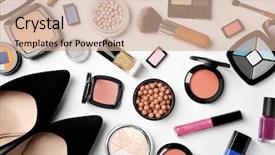  Presentation with makeup products - Colorful PPT layouts enhanced with corrector - makeup products brushes and female backdrop and a coral colored foreground