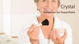  Presentation with brush - PPT theme featuring young and beautiful brunette woman posing near the window with a view of snowy conifer tree and sunset background and a lemonade colored foreground