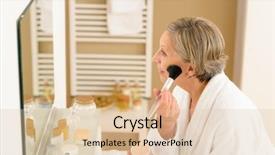  Presentation with app for create detergent powder add - Theme having corrector - senior woman apply make-up powder background and a  colored foreground