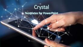  Presentation with cloud - Slides with correlation - female hands touching tablet background and a ocean colored foreground