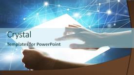  Presentation with tablet - Cool new presentation theme with young female hand holding a tablet with numbers in the background backdrop and a arctic colored foreground