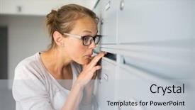  Presentation with letters - Colorful slide deck enhanced with correspondence - pretty young woman checking her backdrop and a light gray colored foreground