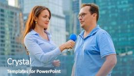  Presentation with interviews data - Amazing PPT theme having correspondence - young girl tv reporter interviews backdrop and a teal colored foreground