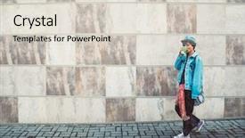  Presentation with sad woman walking - Cool new slide set with corridor holding hot espresso coffee backdrop and a  colored foreground