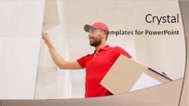  Presentation with man door - Cool new slide deck with corridor knocking on door backdrop and a  colored foreground