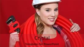  Presentation with safety construction worker in construction - Theme enhanced with corrugated tubing and a pipe background and a crimson colored foreground