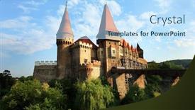  Presentation with romania - Theme with corvinesti-castle-hunedoara-romania-europe background and a sky blue colored foreground