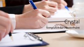  Presentation with focus group hands taking notes - Colorful theme enhanced with cose-up hands taking notes backdrop and a coral colored foreground