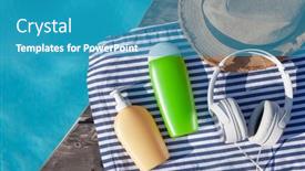  Presentation with summer sun - Slide set consisting of cosmetic-bottles-headphones-and-sun background and a  colored foreground