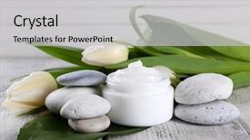  Presentation with cosmetic - Audience pleasing presentation theme consisting of cosmetic cream with flowers and spa stones on wooden background backdrop and a light gray colored foreground
