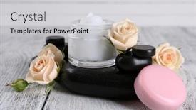  Presentation with cosmetic - Beautiful slide deck featuring cosmetic-cream-with-flowers backdrop and a light gray colored foreground