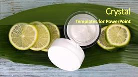  Presentation with lime - Cool new slide deck with cosmetic cream with slices of lime on wooden background backdrop and a tawny brown colored foreground