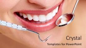  Presentation with happy smiling woman dental health - Cool new theme with cosmetic dentistry - beautiful woman smile dental health backdrop and a coral colored foreground