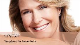  Presentation with dentistry - Cool new presentation theme with cosmetic dentistry - happy senior woman isolated backdrop and a coral colored foreground