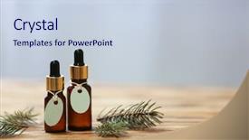  Presentation with essential oil - Slide deck with cosmetic labels - bottles of pine essential oil background and a sky blue colored foreground