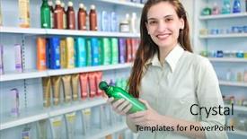  Presentation with shampoo - Colorful slides enhanced with cosmetic labels - happy woman at pharmacy buying backdrop and a mint green colored foreground